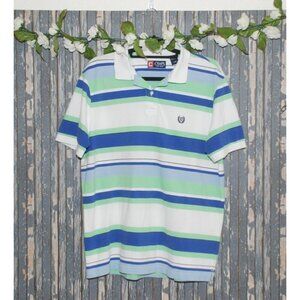 Chaps Mens Short Sleeve Polo Shirt Size L White Blue & Green Striped Preppy Golf